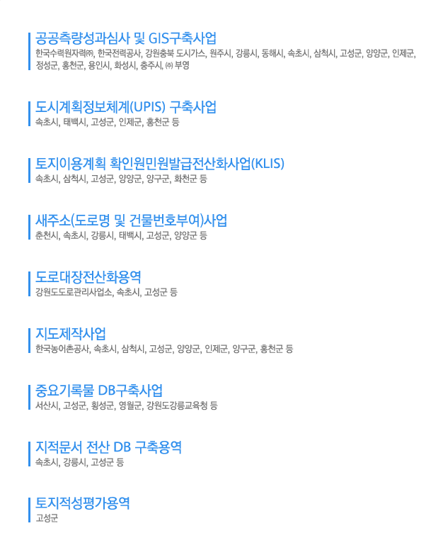 1.공공측량 및 GIS사업.  2.도시계획정보체계(UPIS) 구축사업. 3.토지이용계획 확인원민원발급전산화사업(KLIS). 4.토지이용계획 확인원민원발급전산화사업(KLIS). 5.도로대장전산화용역. 6.지도제작사업. 7.중요기록물 DB구축사업. 8.지적문서 전산 DB 구축용역.